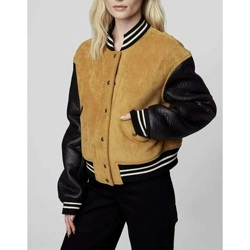 BLANKNYC Bomber Jacket Womens M Tan Black Faux Suede Shearling Collegiate NWT